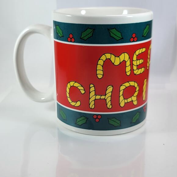 Vintage Merry Christmas Mug WCL Retro Holly Holiday Coffee Cup - Picture 2 of 10